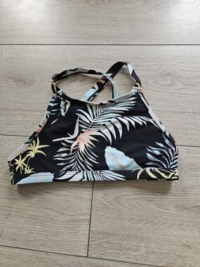 Unbranded Tropical Palm Leaf High Neck Bikini Top Criss Cross Back Black XS S🩷
